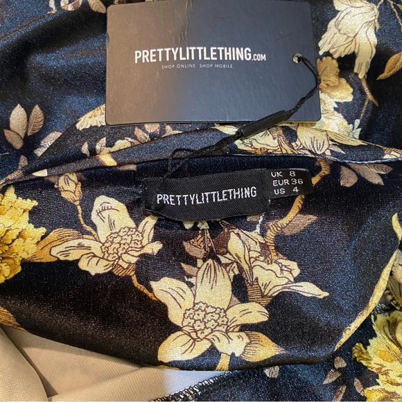 PrettyLitteThing Black Velvet Floral Cowl Neck Bodycon Dress Size 4 - Picture 8 of 10